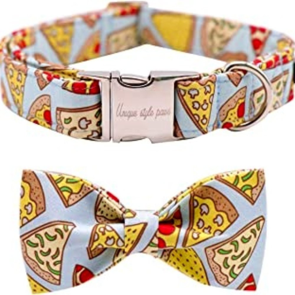 Unique Style Paws Pizza Dog Collar with Bow, Bowtie Dog Collar Adjustable Collar